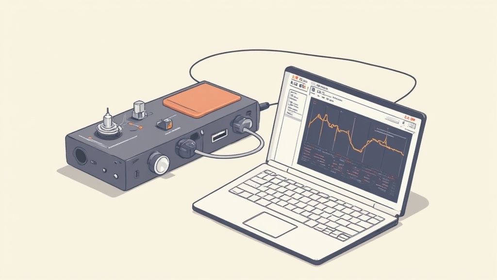 A person looking thoughtfully at their computer screen while wearing headphones, as if troubleshooting an audio issue.