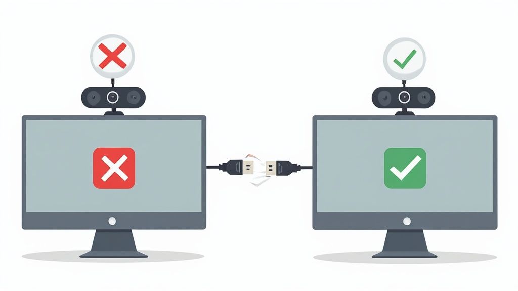 A person looking thoughtfully at their laptop with a Logitech camera attached, considering a question.