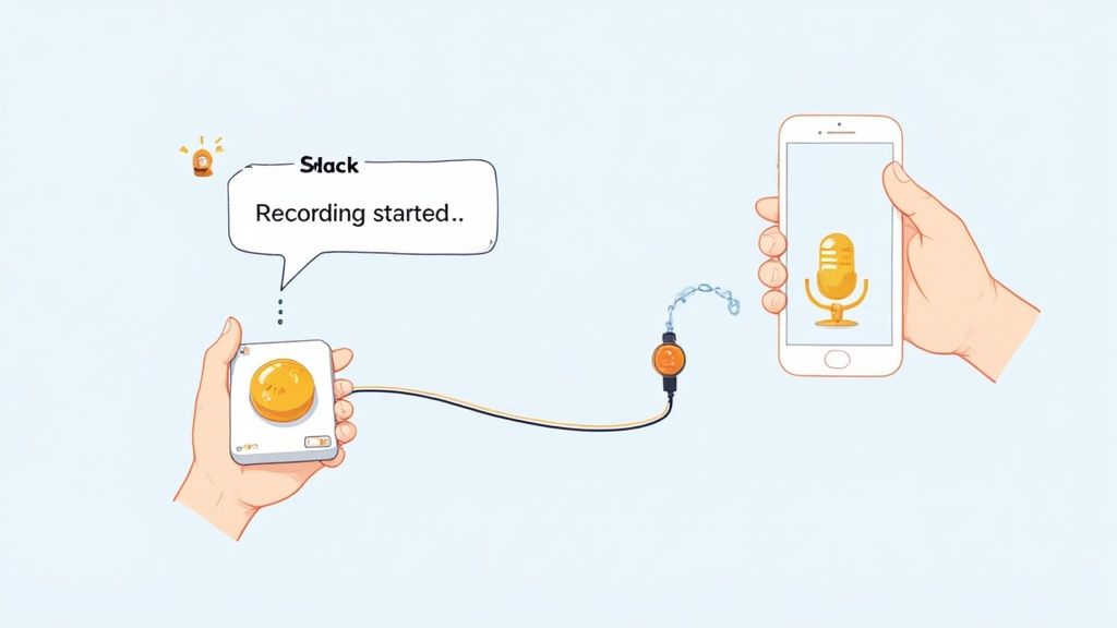 A physical MuteDeck device showing illuminated buttons for meeting controls.