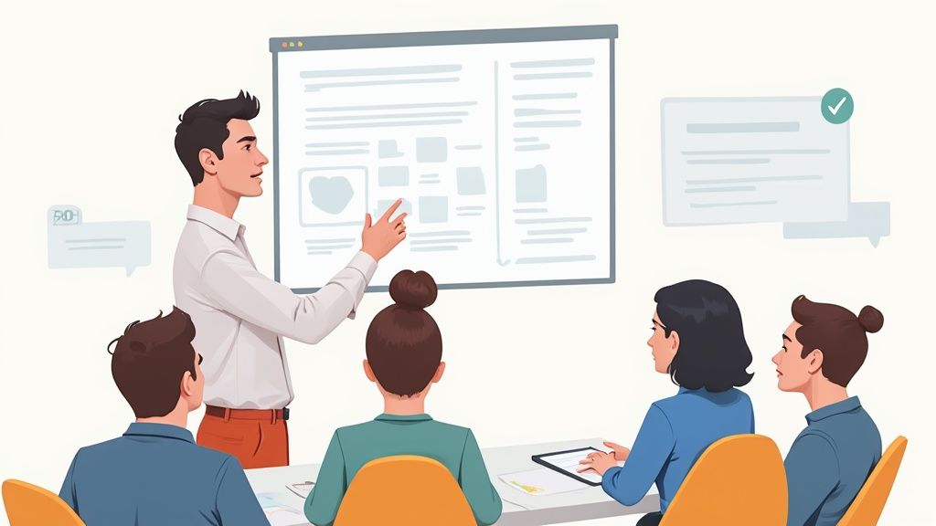 A diverse team collaborates around a table, brainstorming with sticky notes.