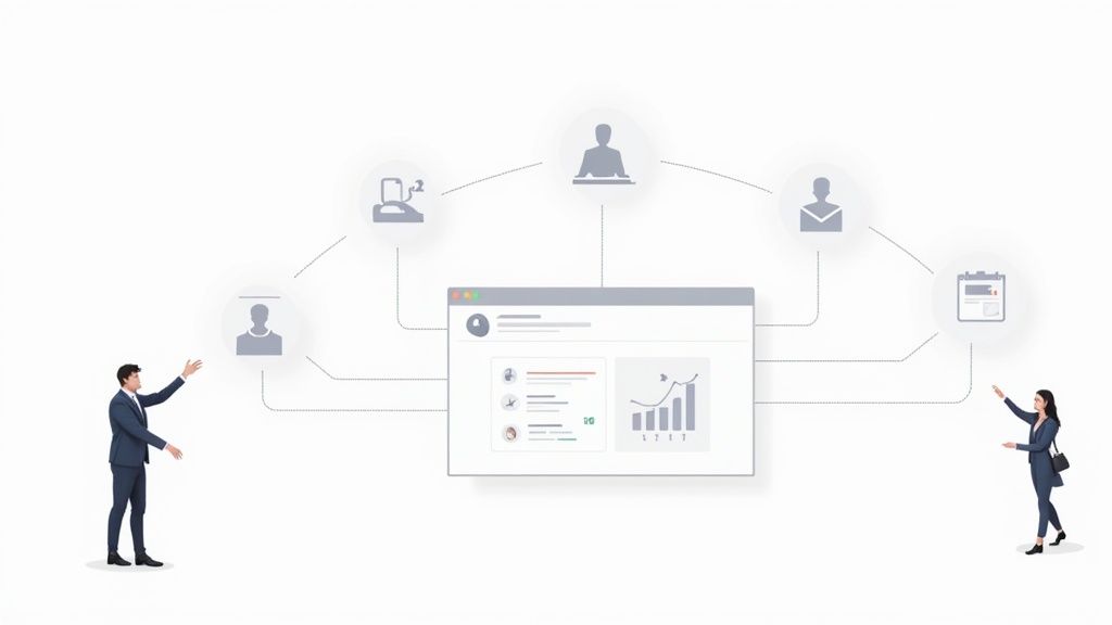 A contact center agent wearing a headset and working at a computer with performance management software displayed on the screen.