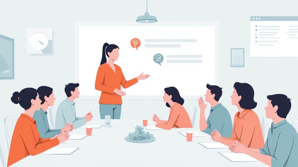 A woman presents to a diverse group of people seated around a conference table.