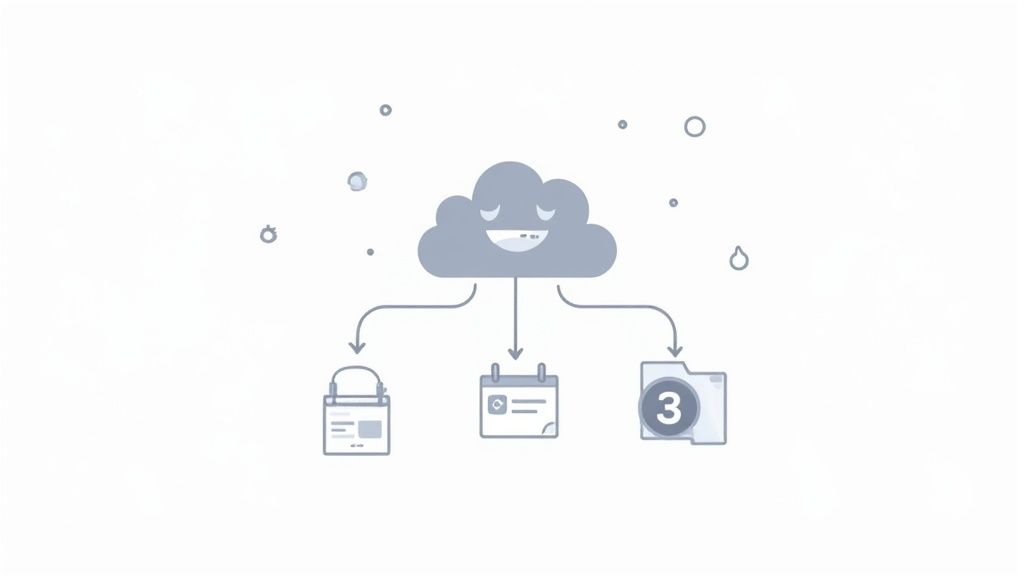 A smiling cloud icon distributes data to a shopping list, calendar, and document folder icons.