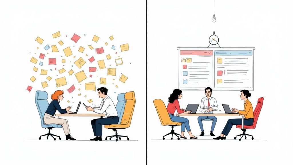 Illustration comparing a chaotic, disorganized workspace with scattered notes to an organized meeting with a structured board.