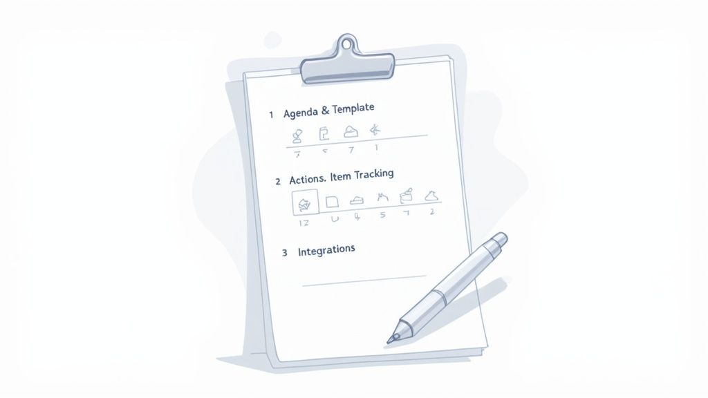 Illustration of a meeting management checklist on a clipboard with sections for agenda, actions, and integrations.