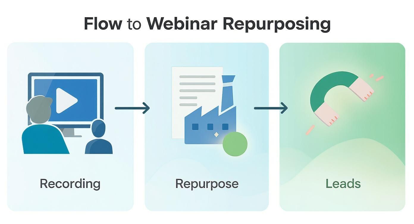 Flowchart illustrating the three-step process: recording a webinar, repurposing content, and generating leads.