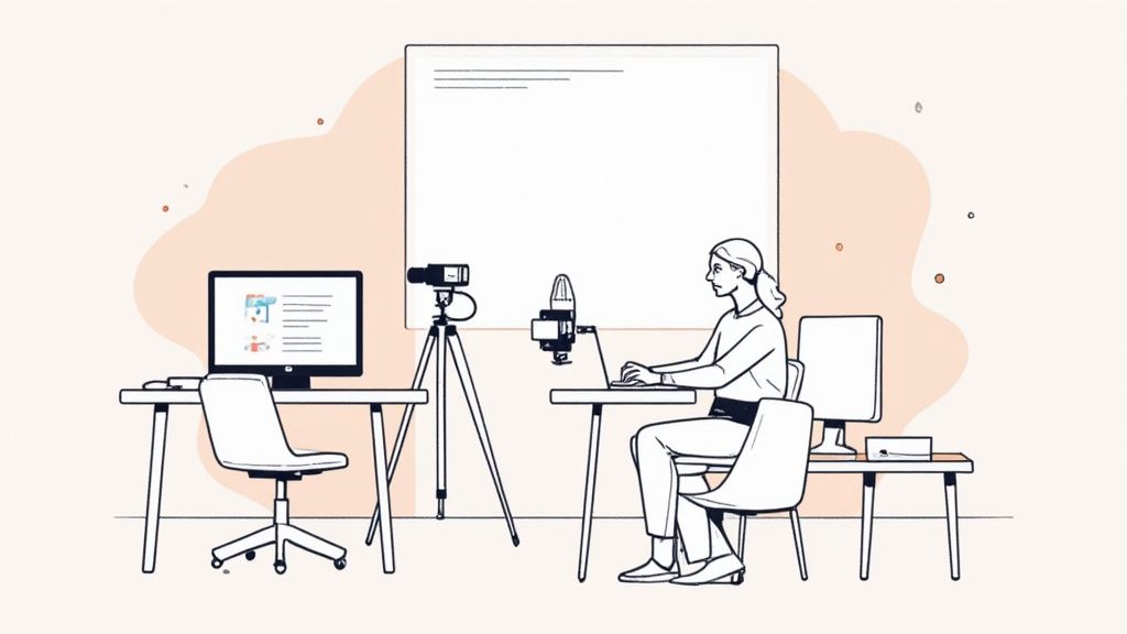 A woman records a webinar in a professional studio setup with a camera, microphone, and monitors.