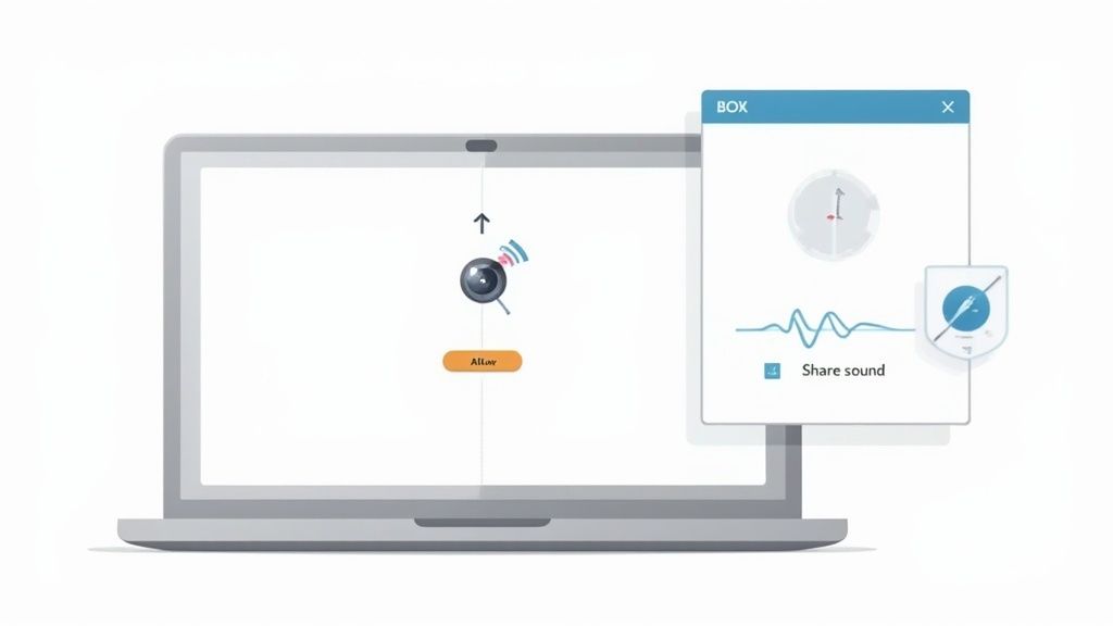 A laptop screen showing a screen sharing prompt with camera, sound, and a 'Share sound' option.