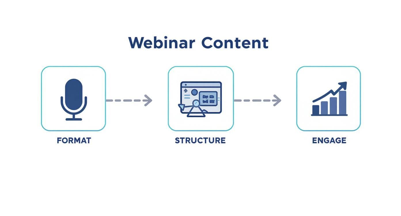 A three-step flowchart outlining webinar content creation: format, structure, and engage for growth.
