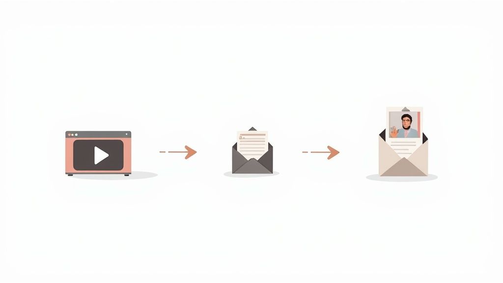 A process diagram illustrating a video converting into a basic email, then a personalized email with a profile picture.
