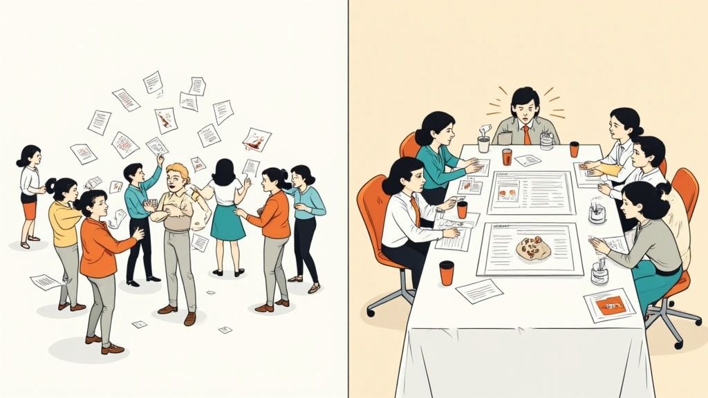 Illustration contrasting a chaotic office brainstorming with a formal, tense business meeting at a table.