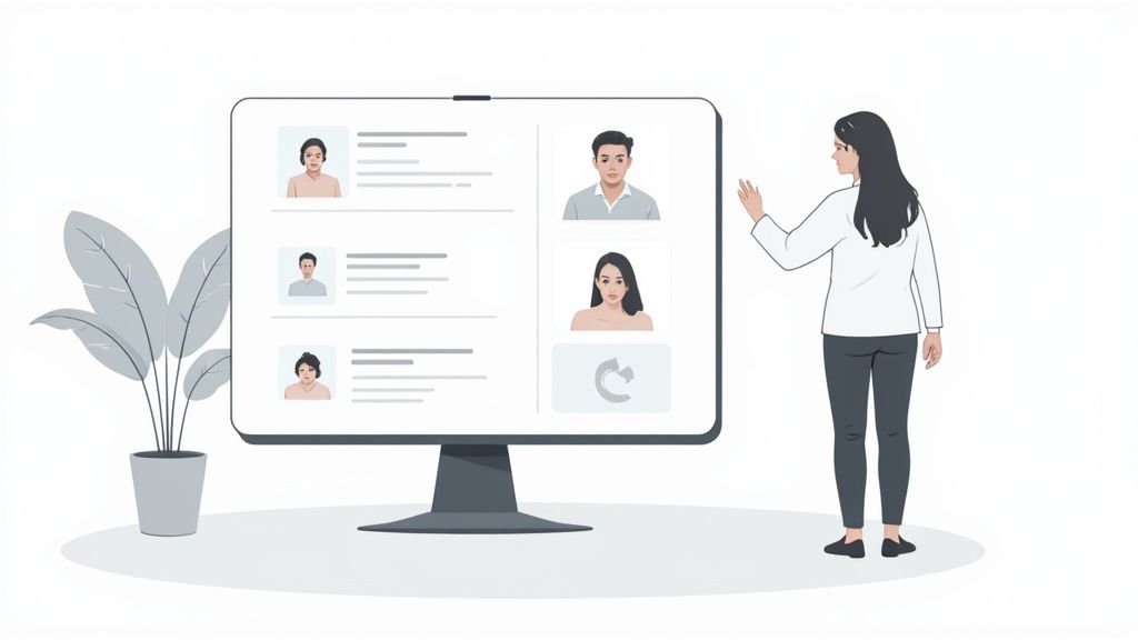 A woman interacts with a large monitor displaying employee profiles and data.