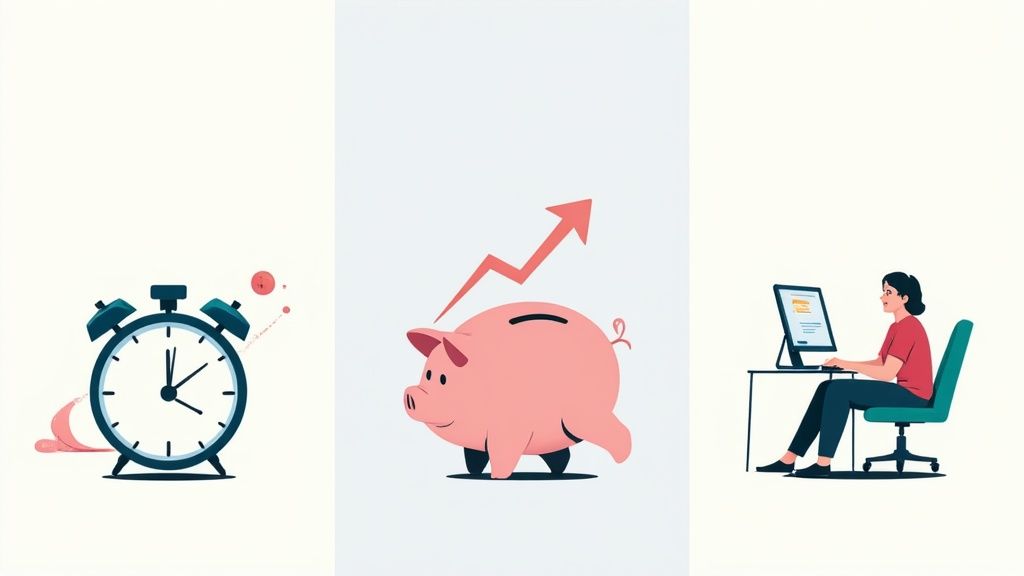 Three illustrations: an alarm clock, a piggy bank with a rising arrow, and a person working on a computer.