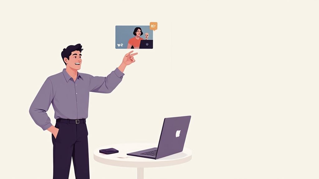 A smiling man points at a video call featuring a woman and a pet on a laptop screen.