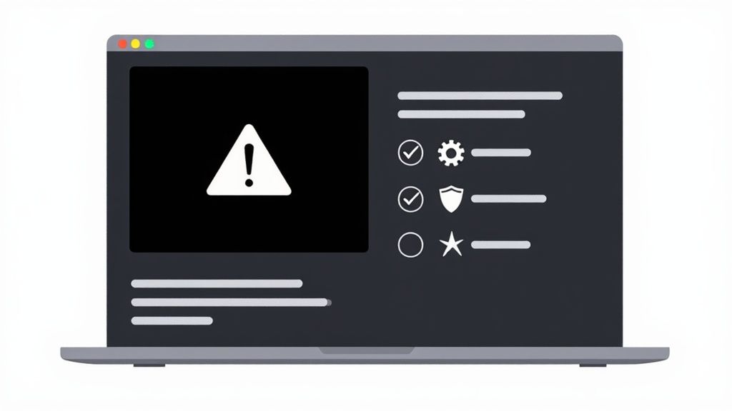 A laptop screen displays a warning message with an exclamation mark, settings, and security icons.