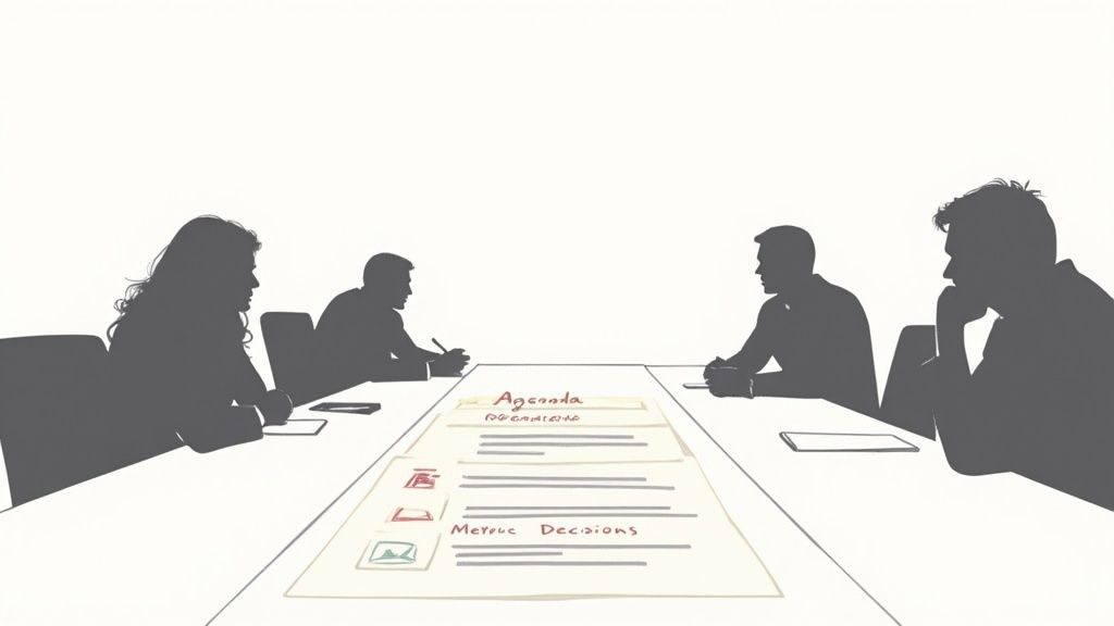 An illustration of a business meeting with four silhouettes around a table, an agenda document in the center.