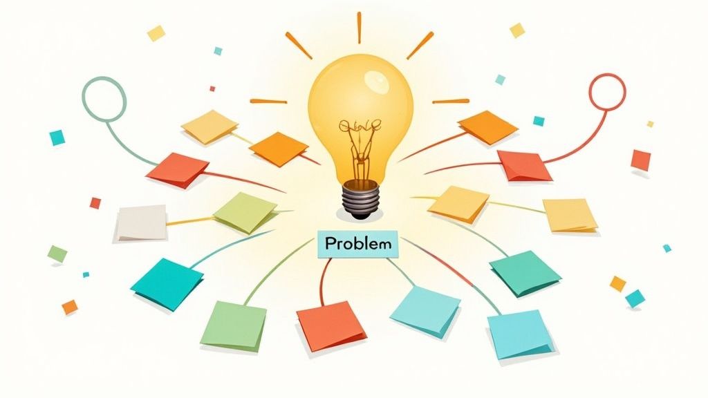 A glowing lightbulb above a 'Problem' tag, surrounded by colorful notes representing ideas or solutions.