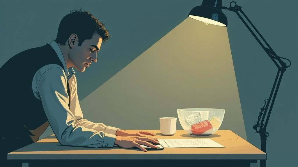 A man in a vest and shirt sits focused at a desk, illuminated by a lamp, reading papers.