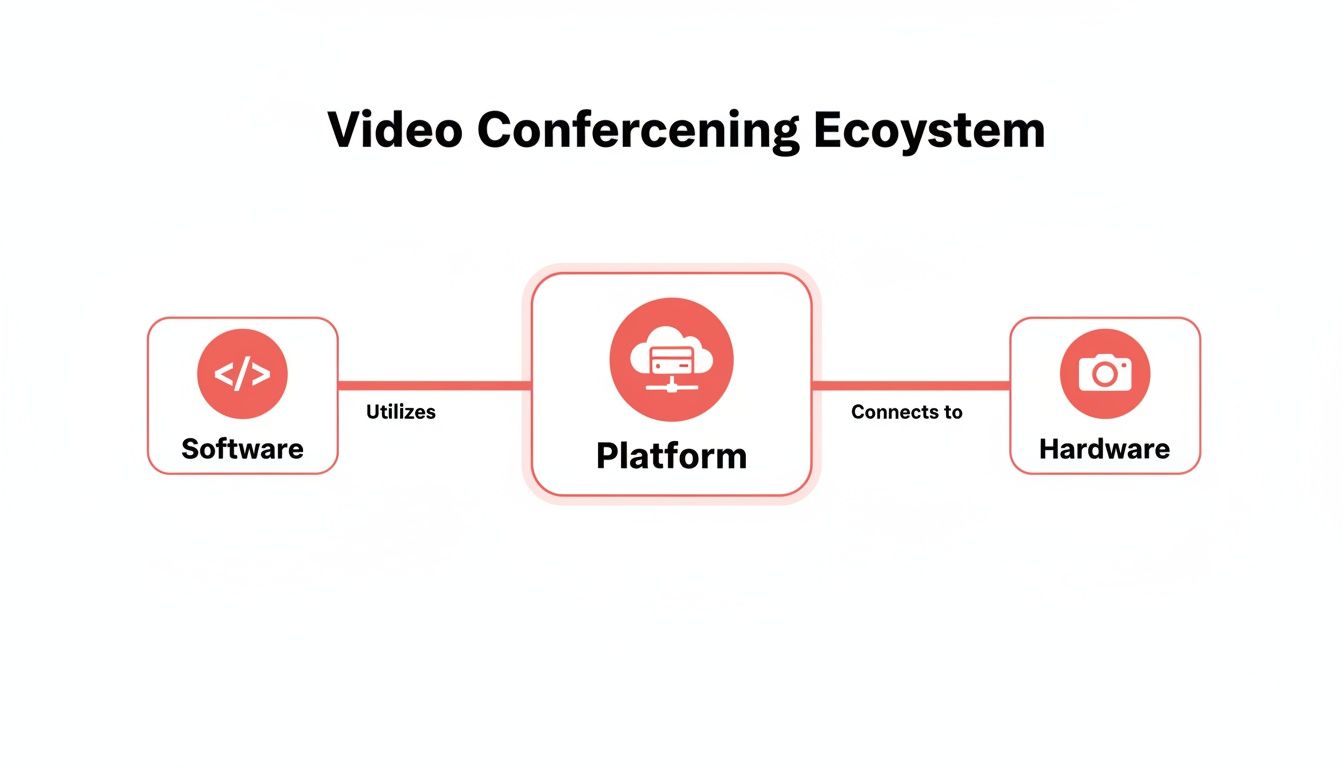 Diagram showing the video conferencing ecosystem: software utilizes platform, which connects to hardware.