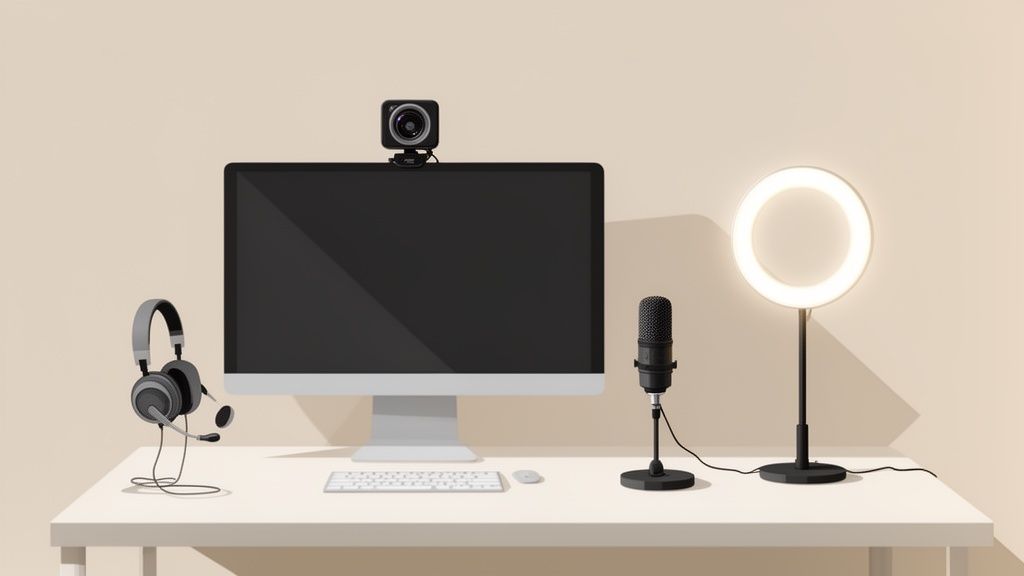 A modern video conferencing setup with a monitor, webcam, headphones, microphone, and ring light.