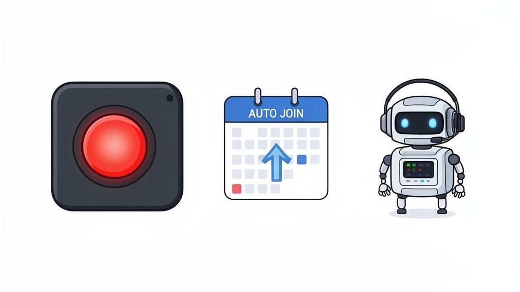 Icons: a record button, an auto-join calendar, and a robot with a headset.