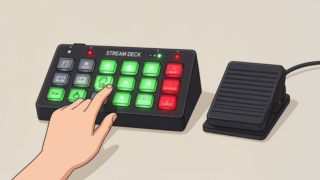A hand presses a green button on a black Stream Deck with many illuminated buttons, alongside a black foot pedal.