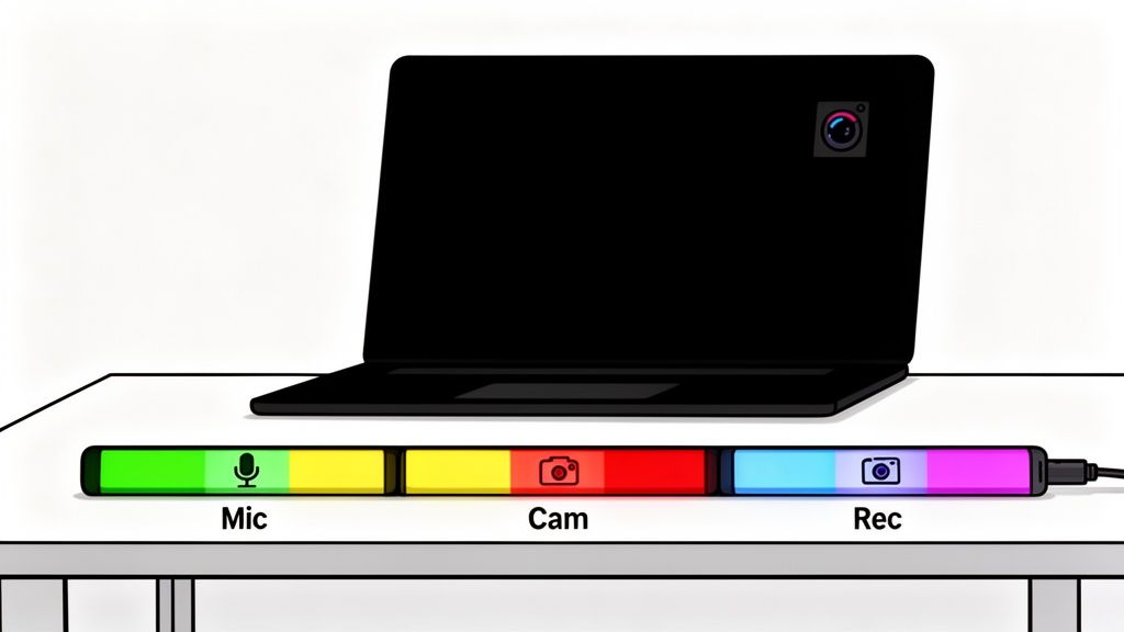 A laptop on a desk with a colored bar indicating mic, cam, and recording status.