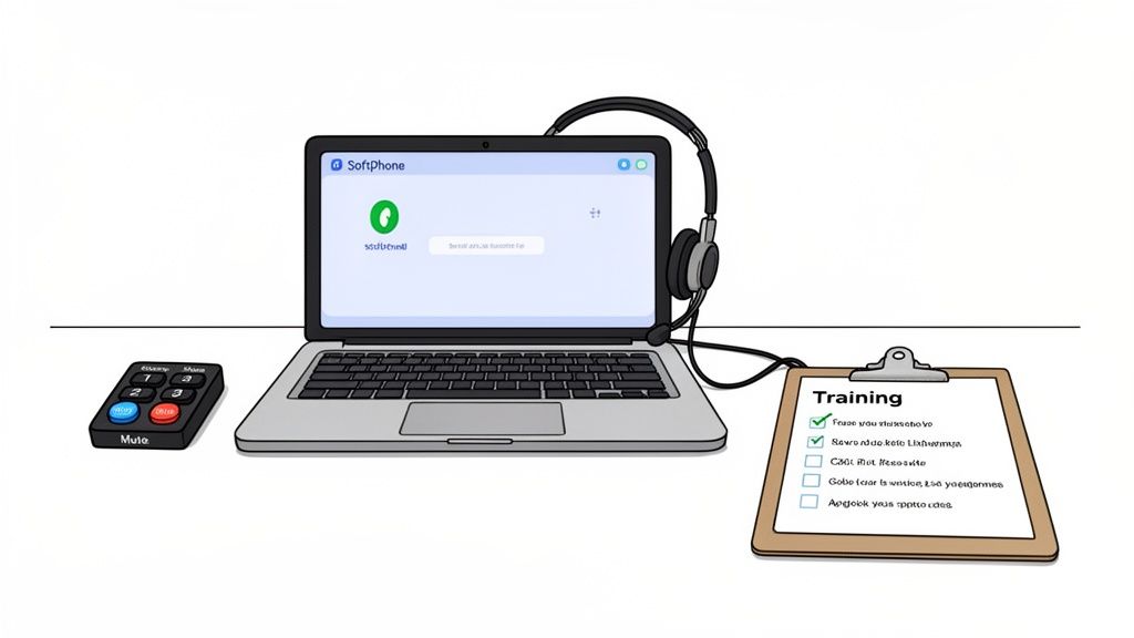 A cartoon illustration of a contact center training workstation with a laptop, headset, and checklist.
