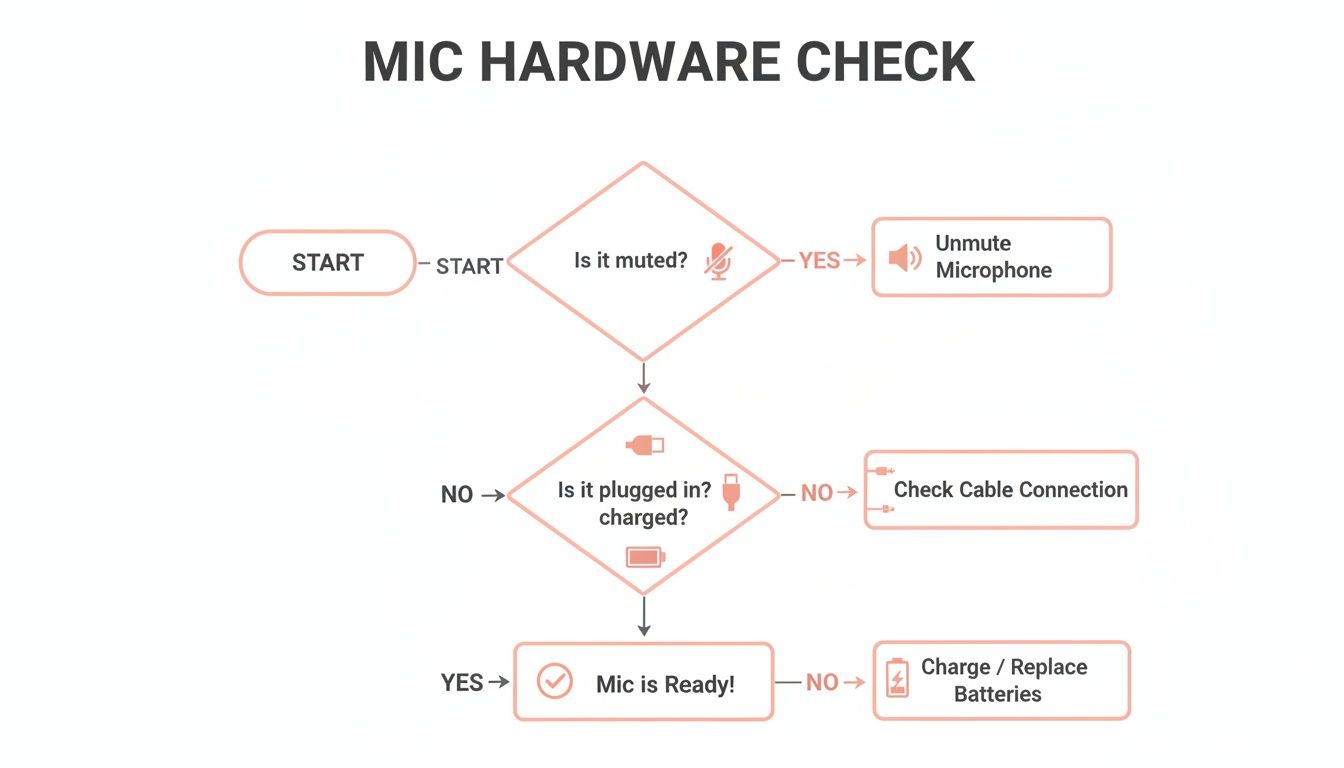 Flowchart illustrating steps to check microphone hardware for issues like muting, cable, and battery status.