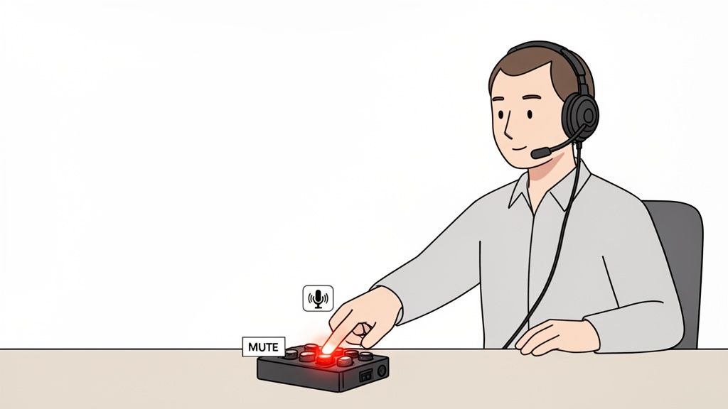 Cartoon man wearing a headset mutes his microphone by pressing a red button on an audio control panel.