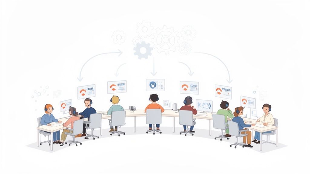 An illustration of a call center with multiple agents working at computers, connected by a workflow diagram.