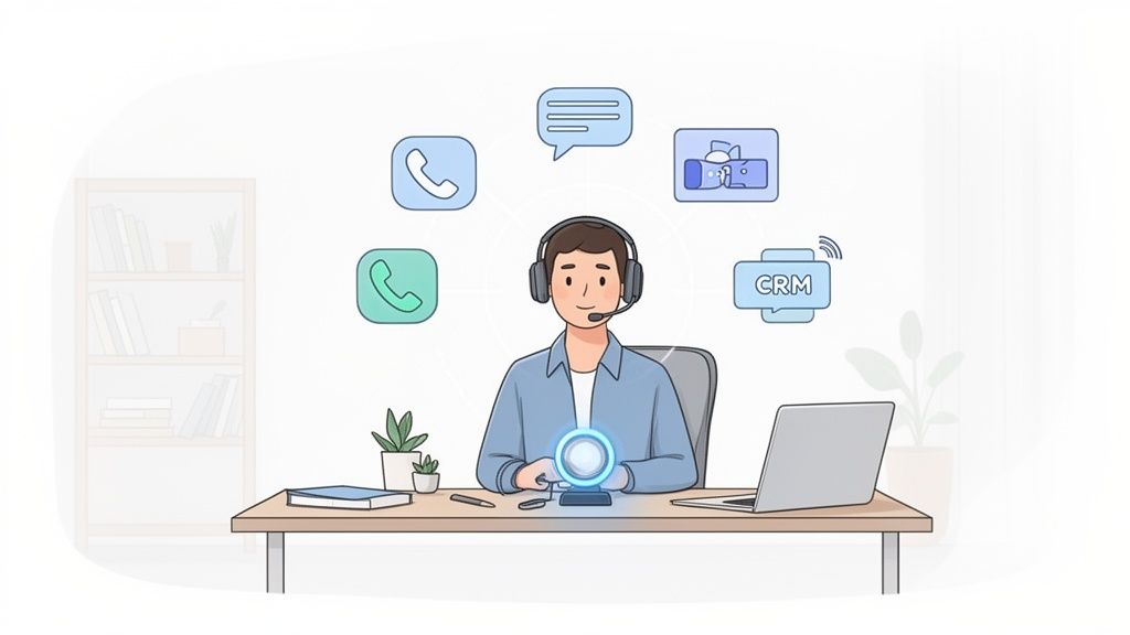 An illustration of a call center agent with a headset managing various communication channels and CRM.