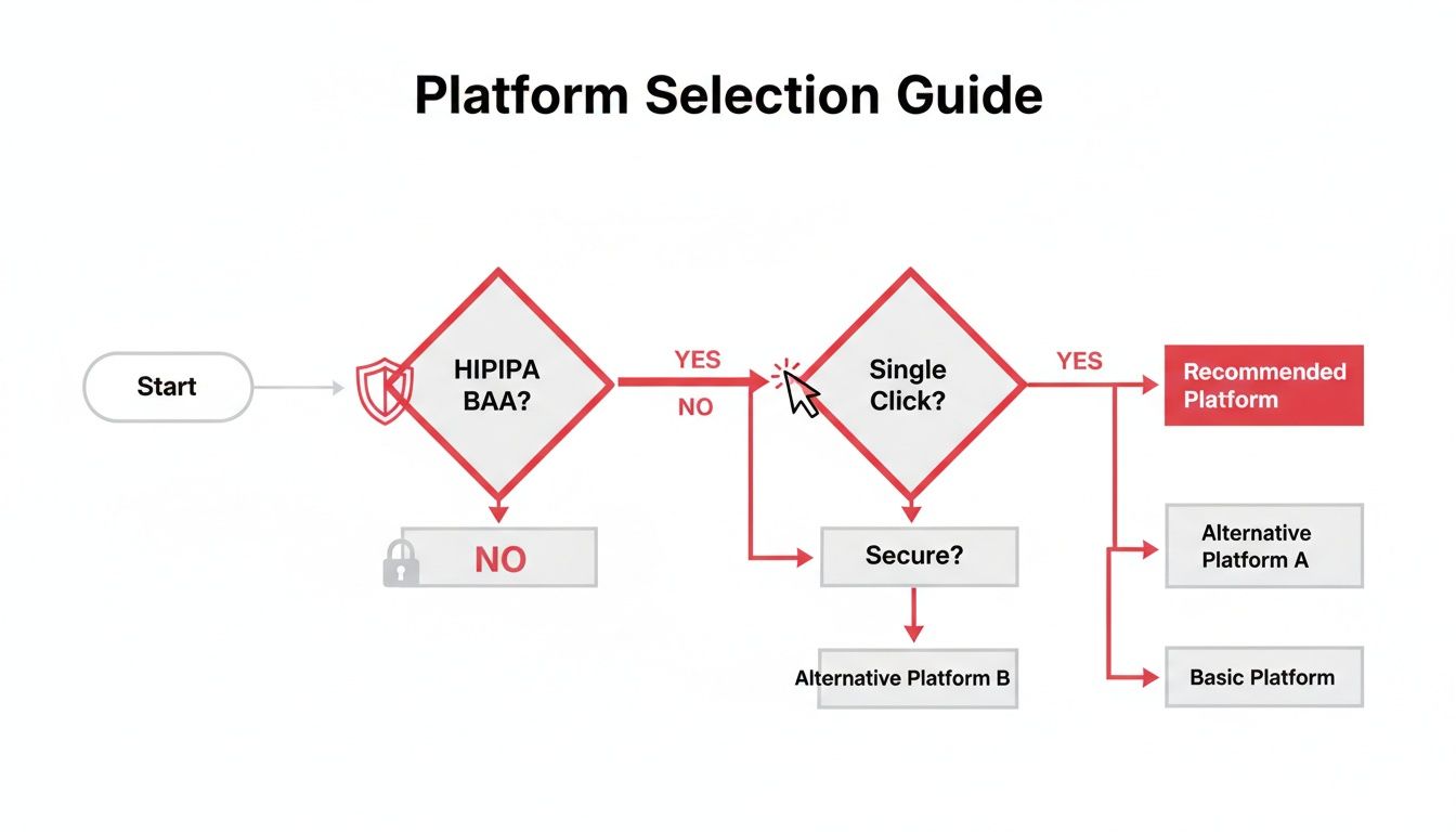 Flowchart for platform selection, evaluating HIPAA BAA, single-click, and security requirements.