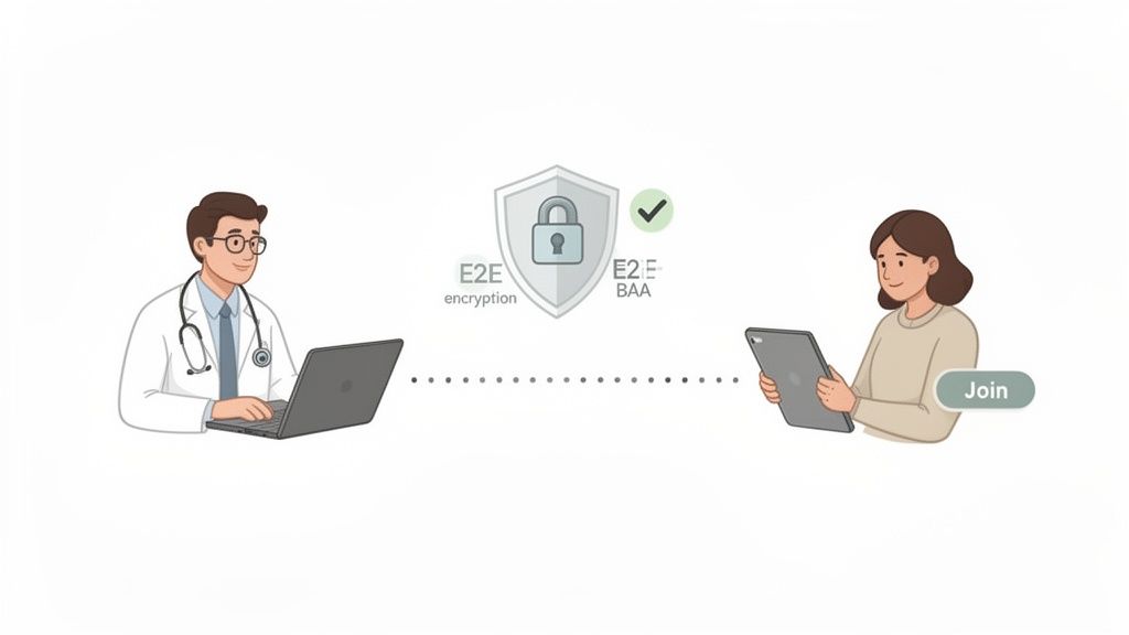 A doctor and patient connect securely via video conferencing with end-to-end encryption and BAA compliance.