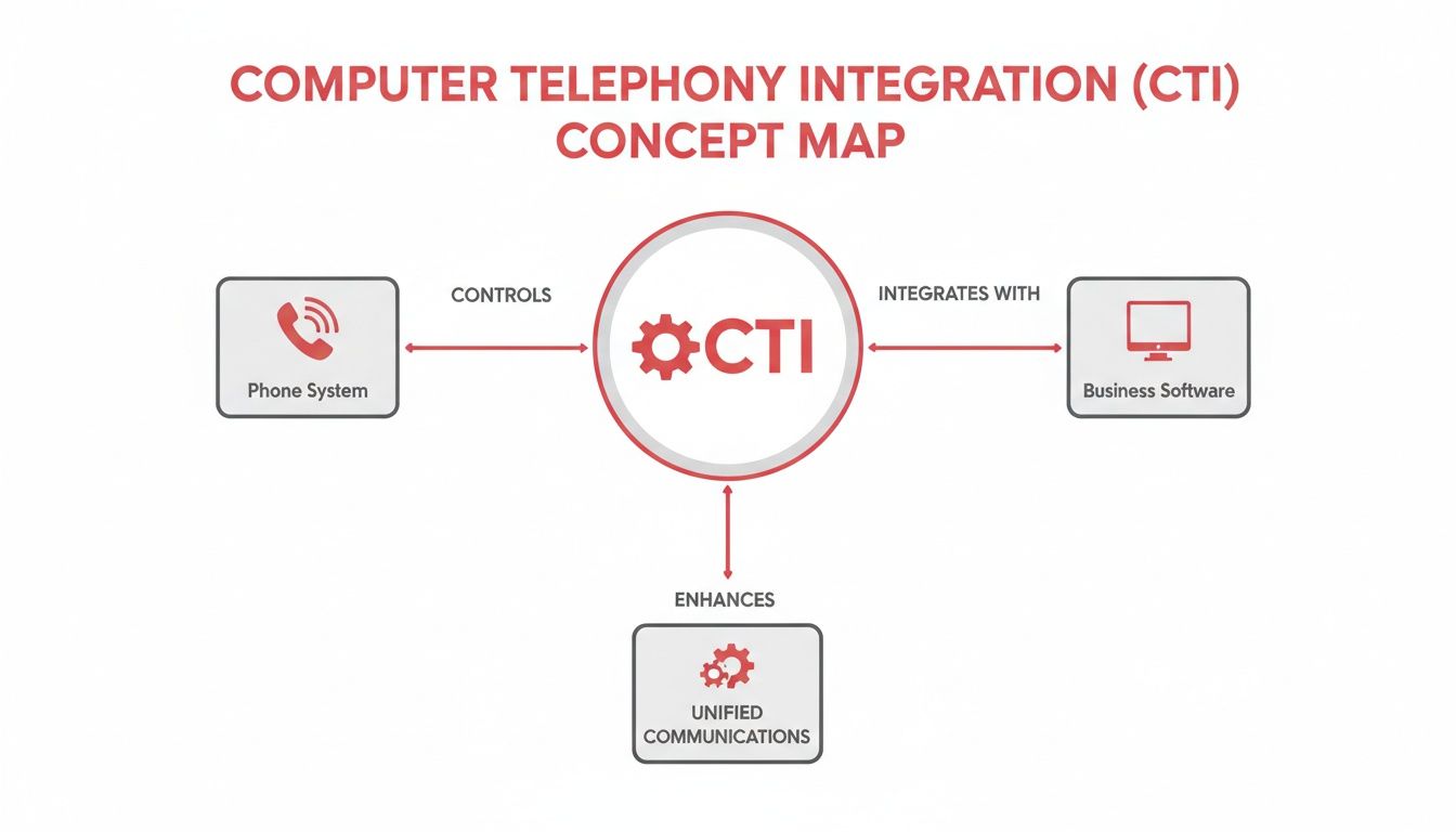 A concept map illustrating Computer Telephony Integration (CTI) connecting phone systems, business software, and unified communications.