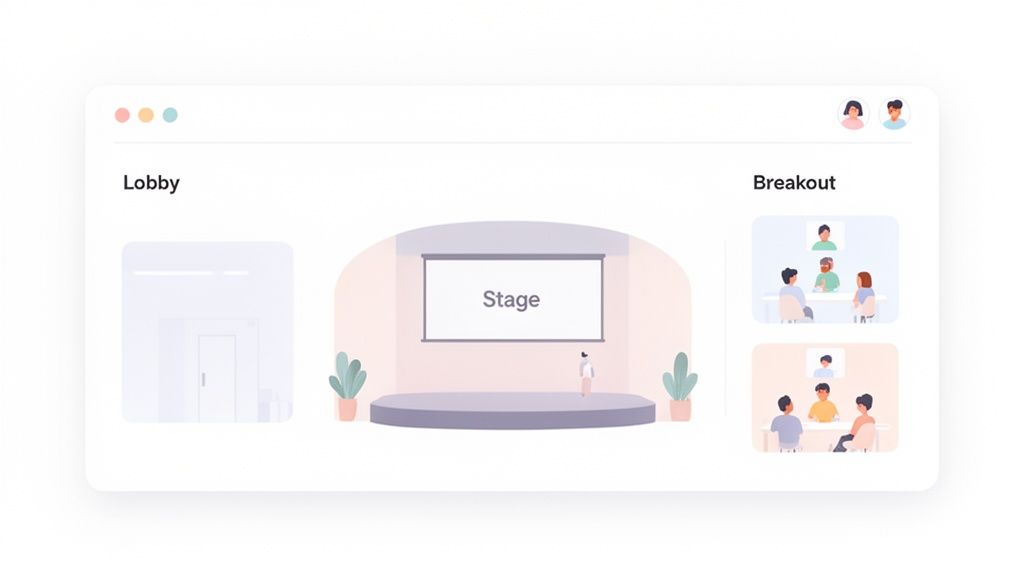 A clean virtual event platform layout featuring a main stage, lobby, and interactive breakout sessions.