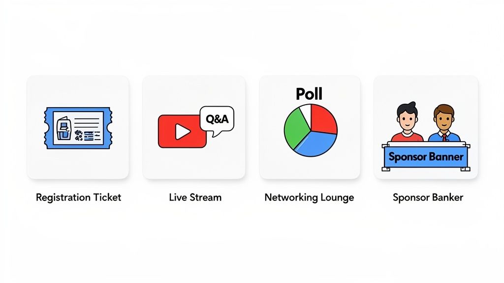 Four icons illustrating virtual event features: registration tickets, live streams, polls for networking, and sponsor banners.