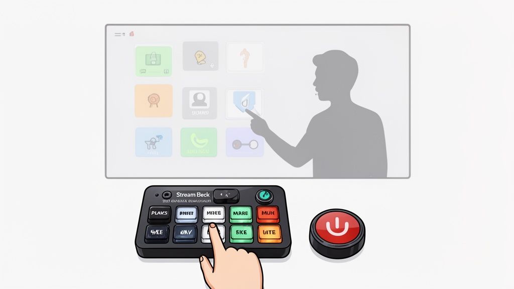 A hand operates a Stream Beck control panel while a person interacts with a virtual screen.