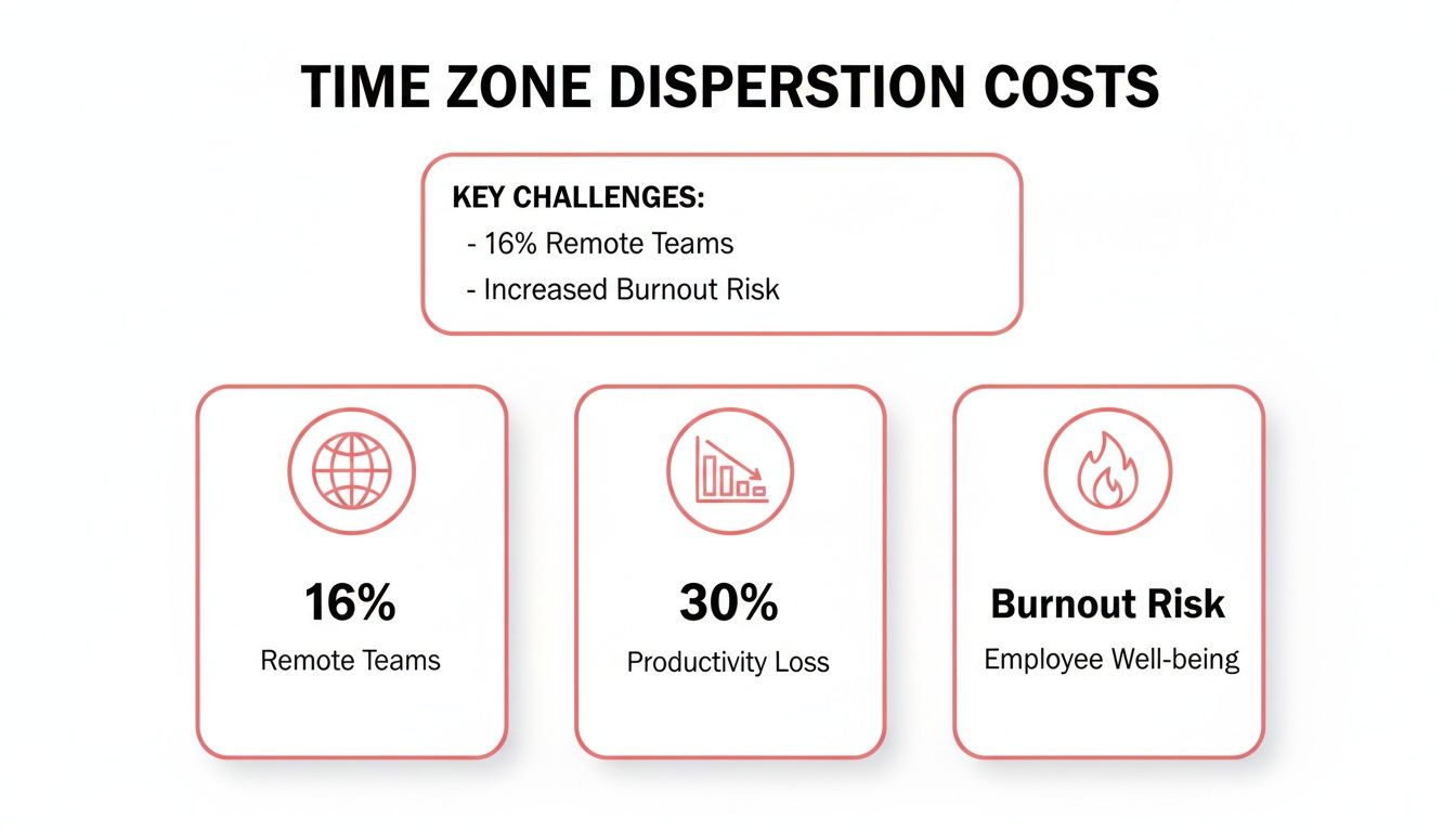 Infographic showing time zone dispersion costs, key challenges, and impacts on remote teams, productivity, and burnout.