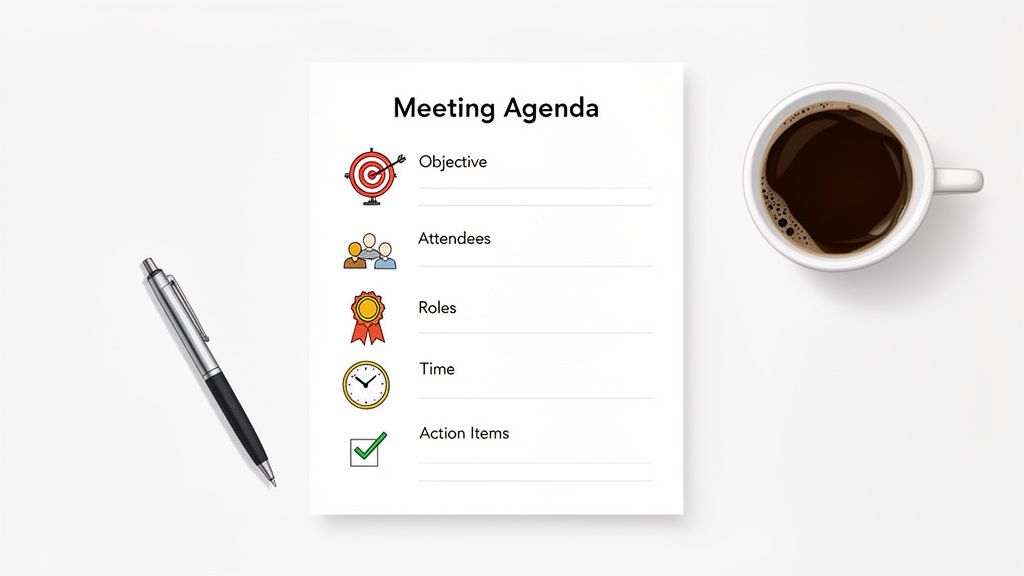A meeting agenda document with a pen and coffee cup on a white desk, ready for planning.