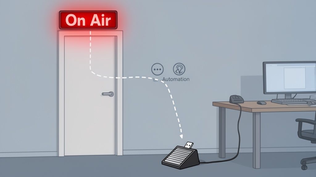 An 'On Air' sign above a door is connected by a dashed line to automation icons, then to a USB foot pedal.