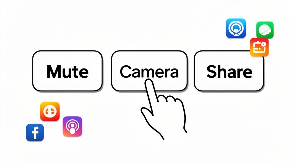 A hand points to the 'Camera' button, among 'Mute' and 'Share' controls, with various app icons.
