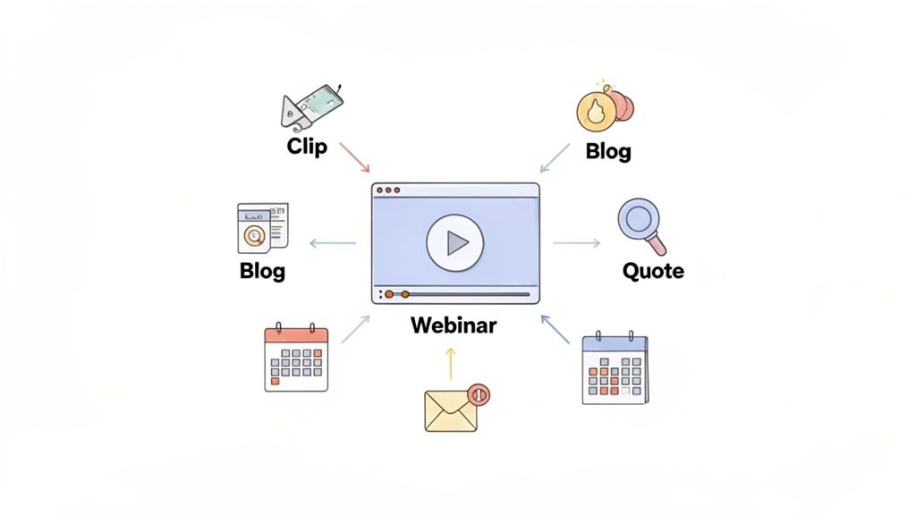 Diagram illustrating a webinar central to content repurposing, generating clips, blogs, and quotes, and promoted via email.