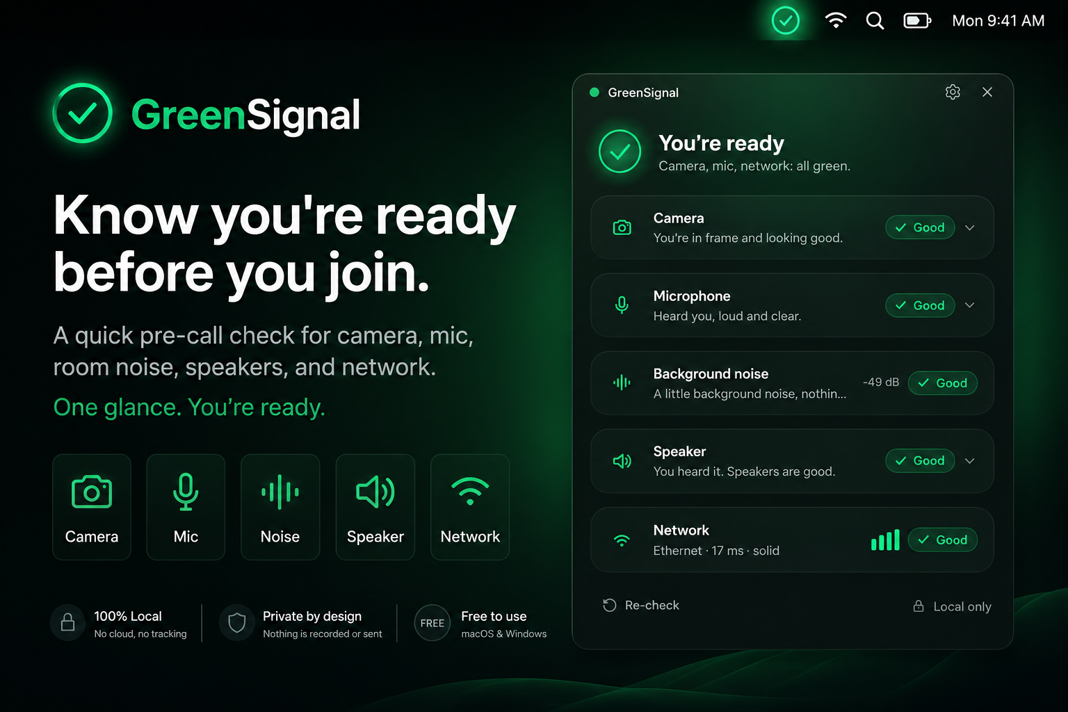 GreenSignal: Free Pre-Call Readiness Check for Mac and Windows