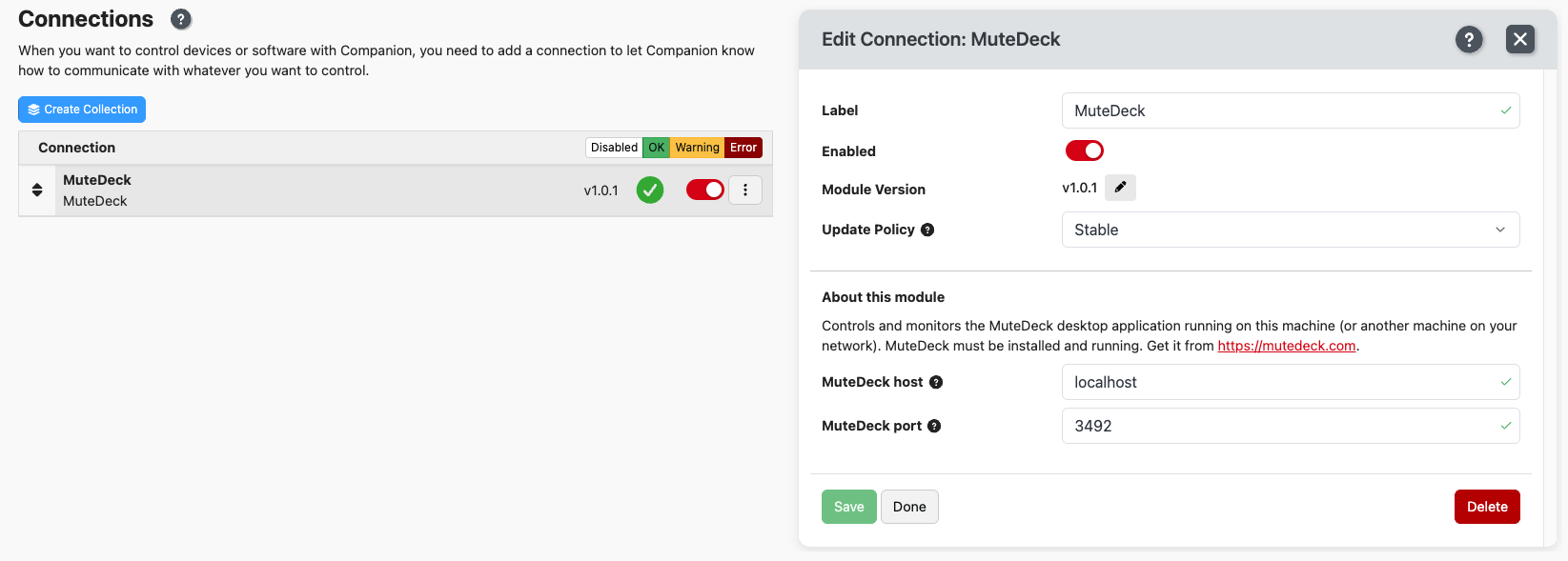 screenshot: MuteDeck module configuration
