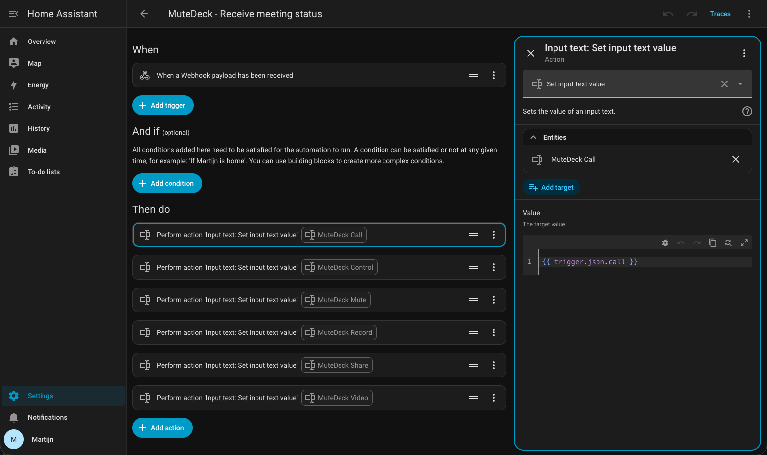 Screenshot: Home Assistant webhook trigger action