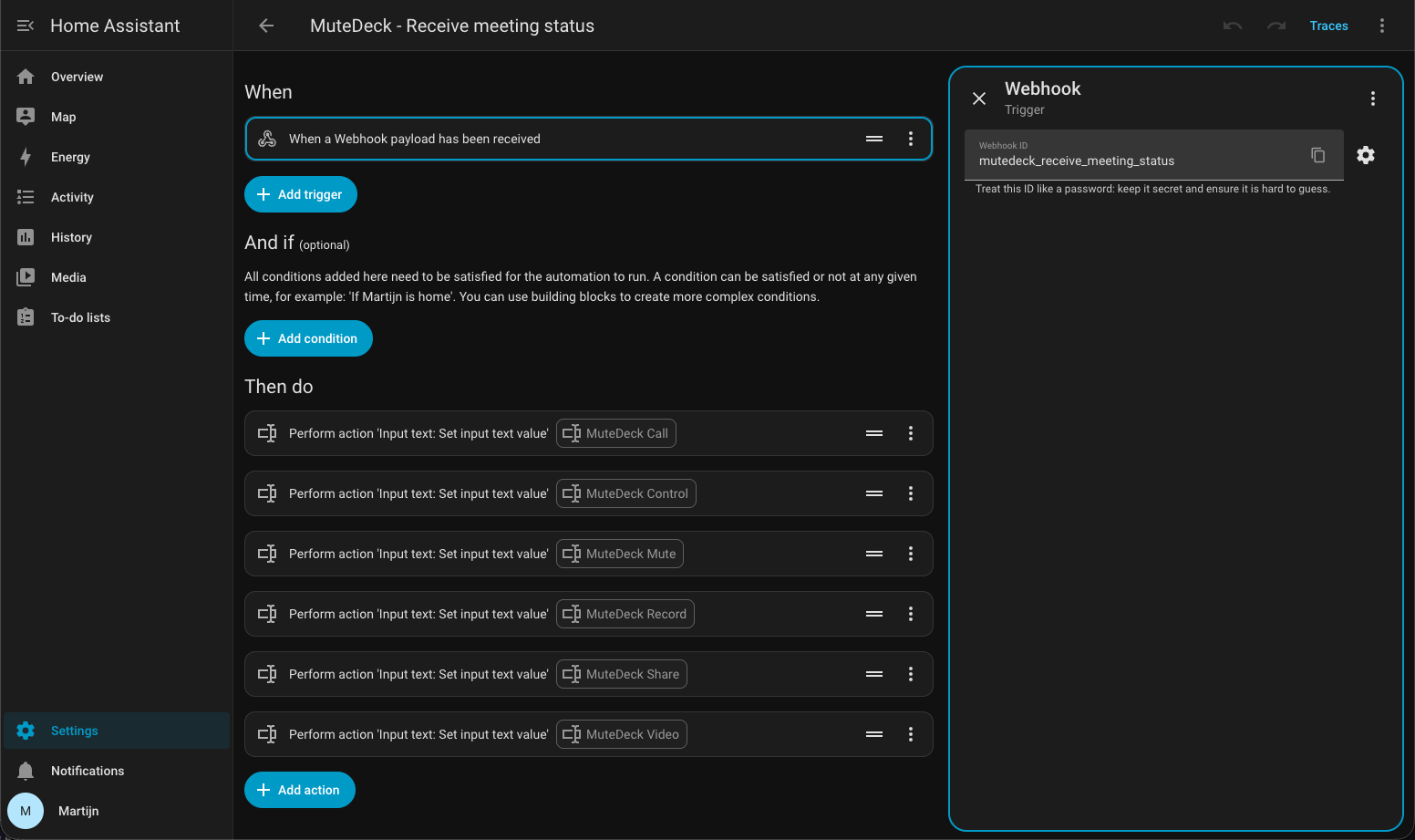Screenshot: Home Assistant webhook trigger