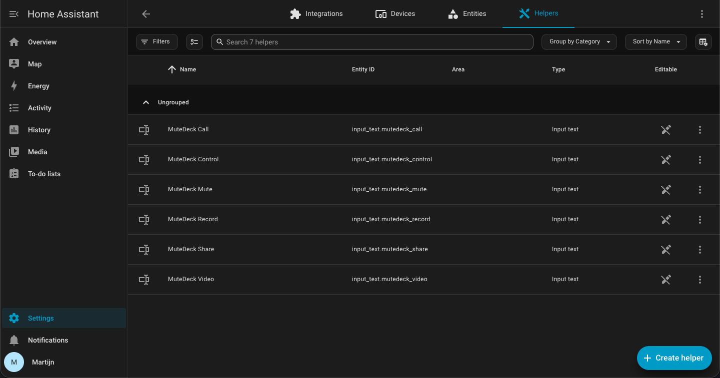 Screenshot: Home Assistant helpers for MuteDeck