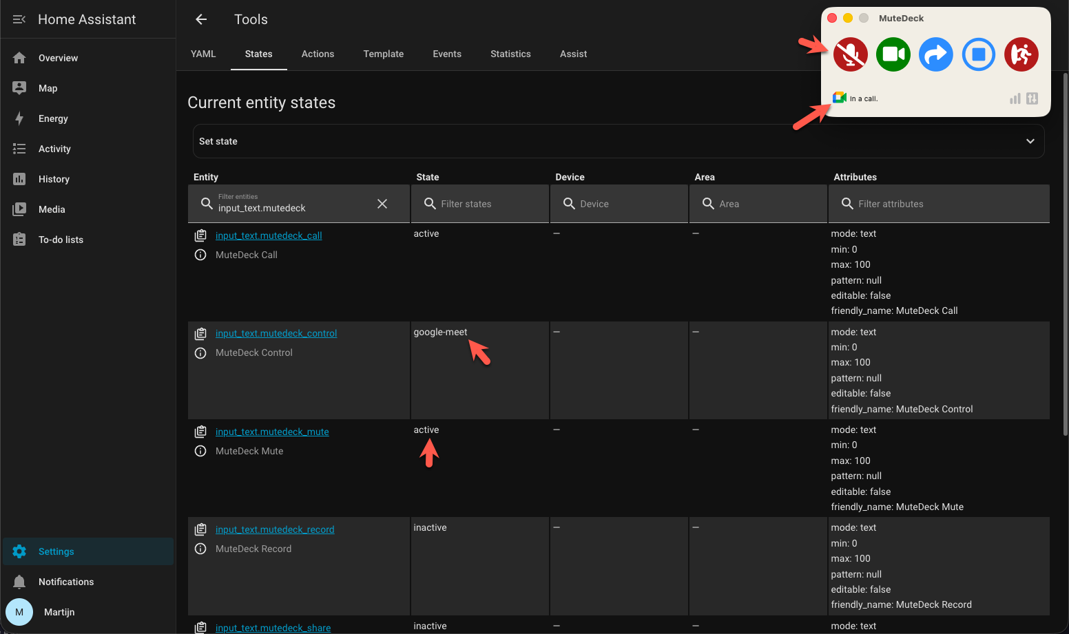 Screenshot: Home Assistant states for MuteDeck