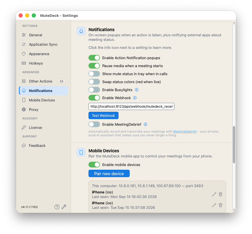 Screenshot: MuteDeck webhook settings